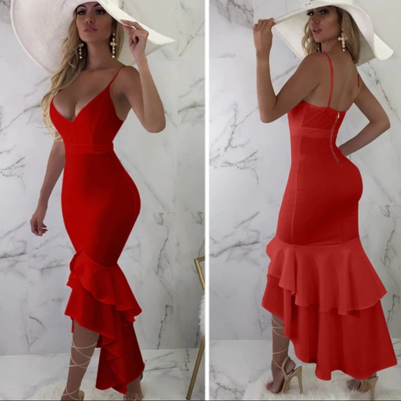 Dresses & Skirts - Red High low ruffle bodycon dress